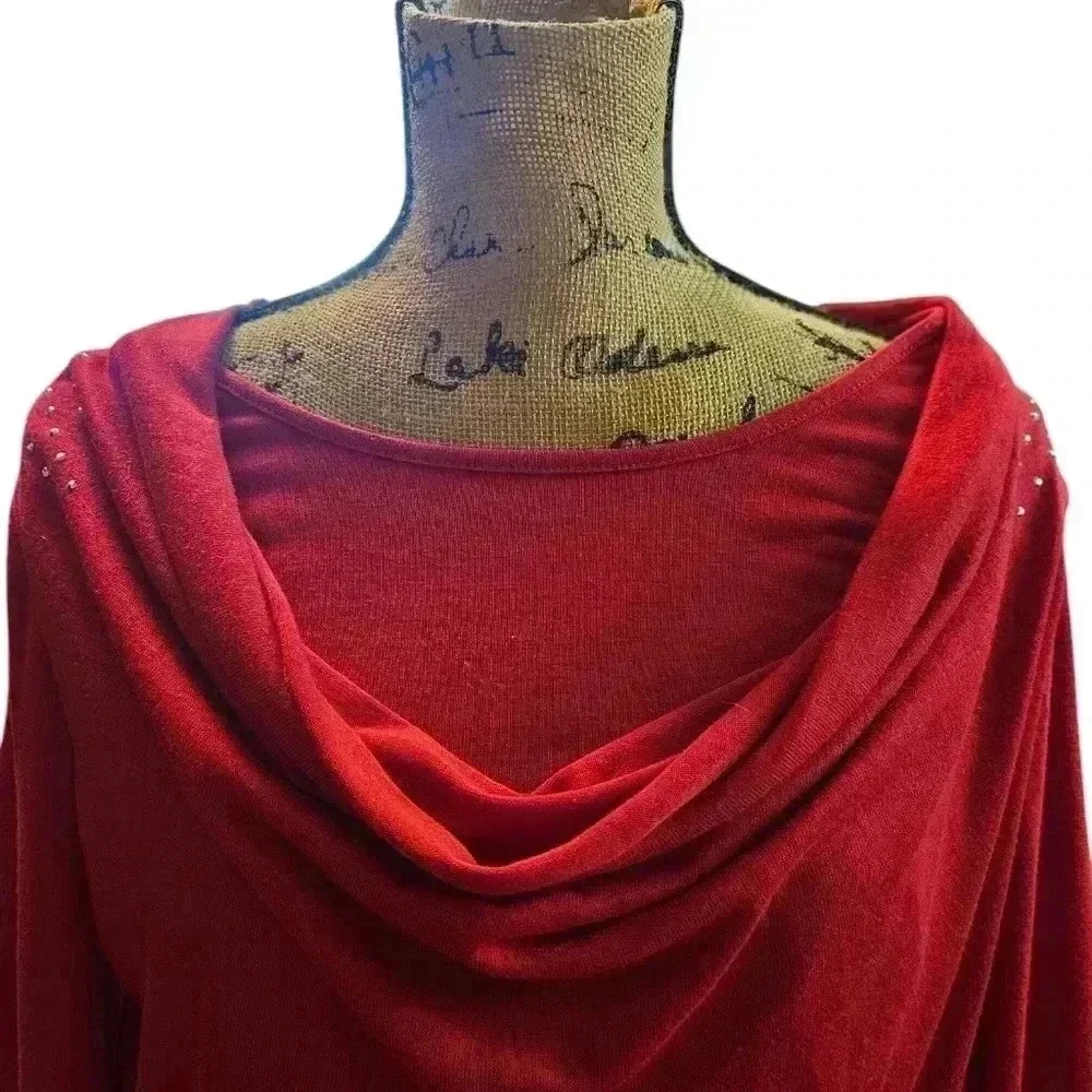 Cato Red Draped Cowl Neck Top With Rhinestones Sz Lg